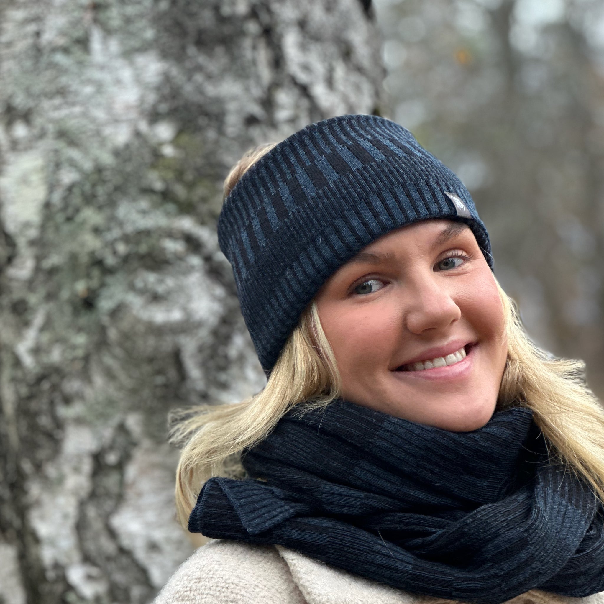 Halstub buff tubhalsduk pannband 100% ull, unisex, midnattsblå-kolsvart