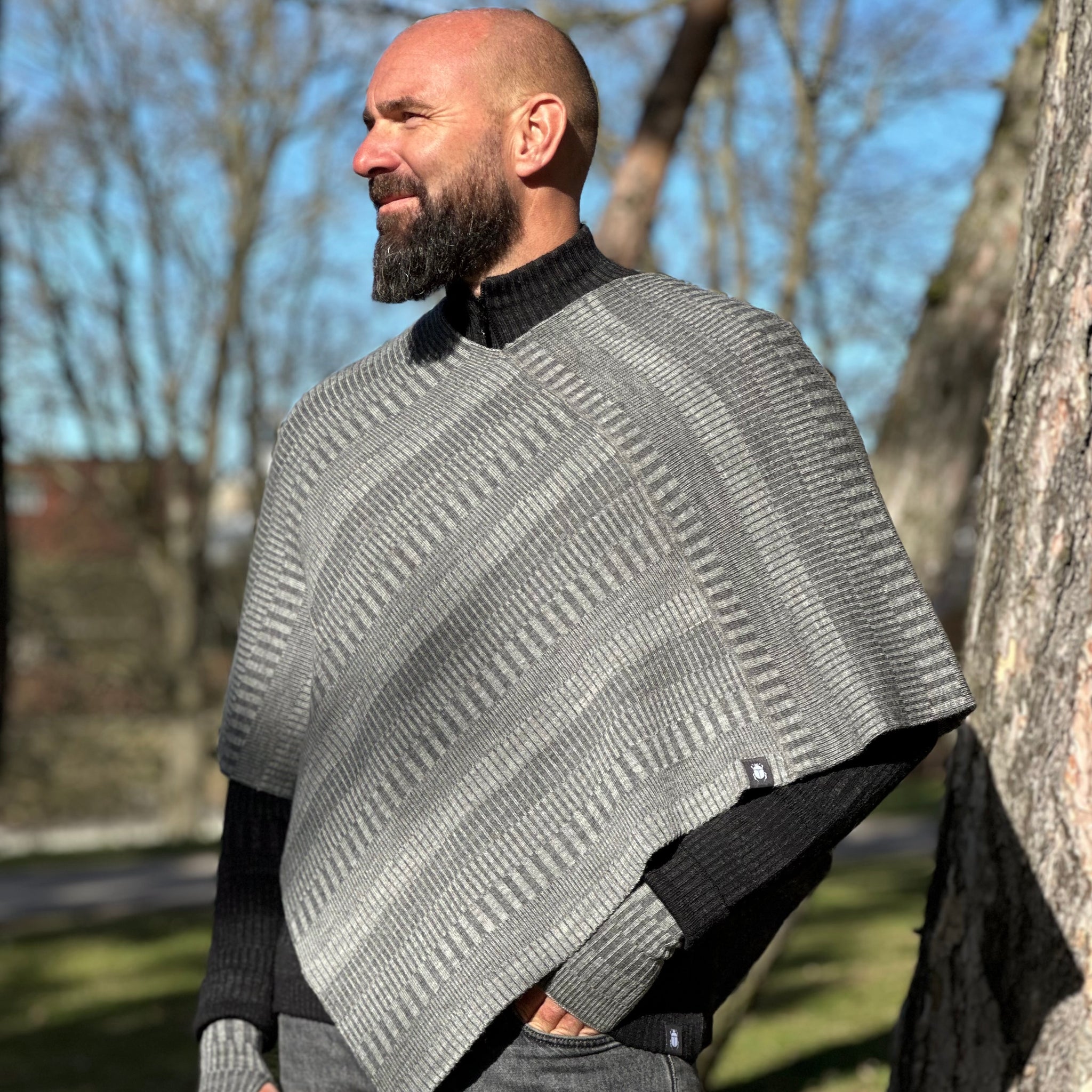 Poncho sjal 100% ull, unisex, askgrå-stengrå