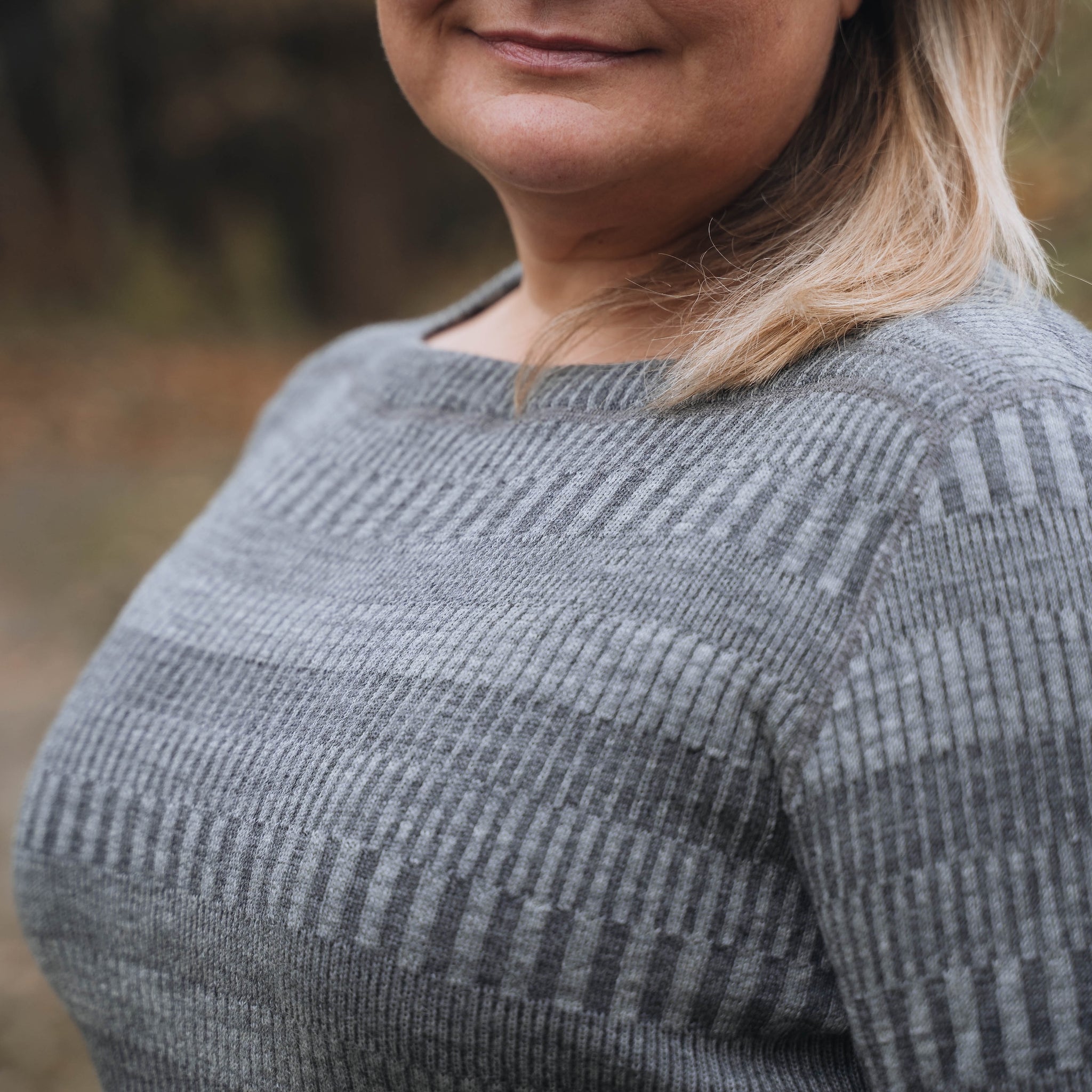 Tröja båthals figursydd 100% ull, dam, askgrå-stengrå