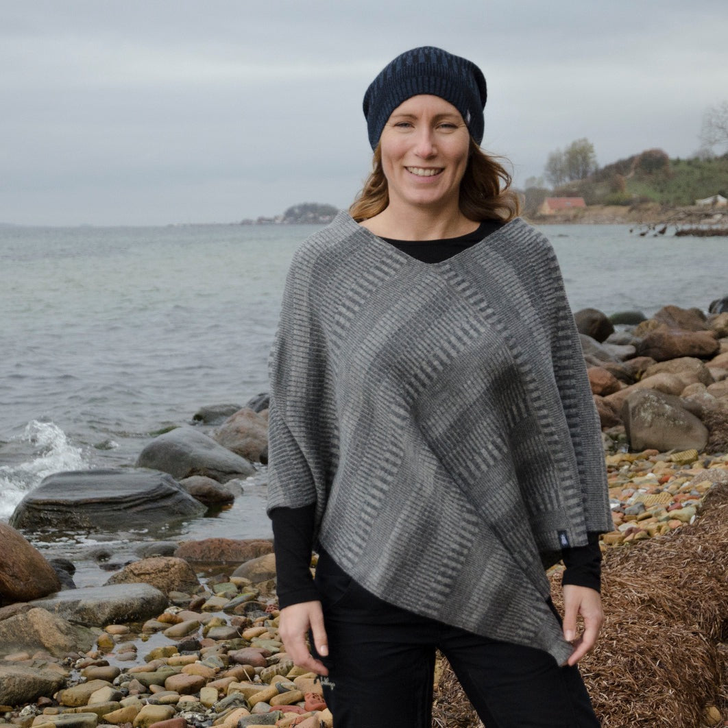 Poncho sjal 100% ull, unisex, askgrå-stengrå