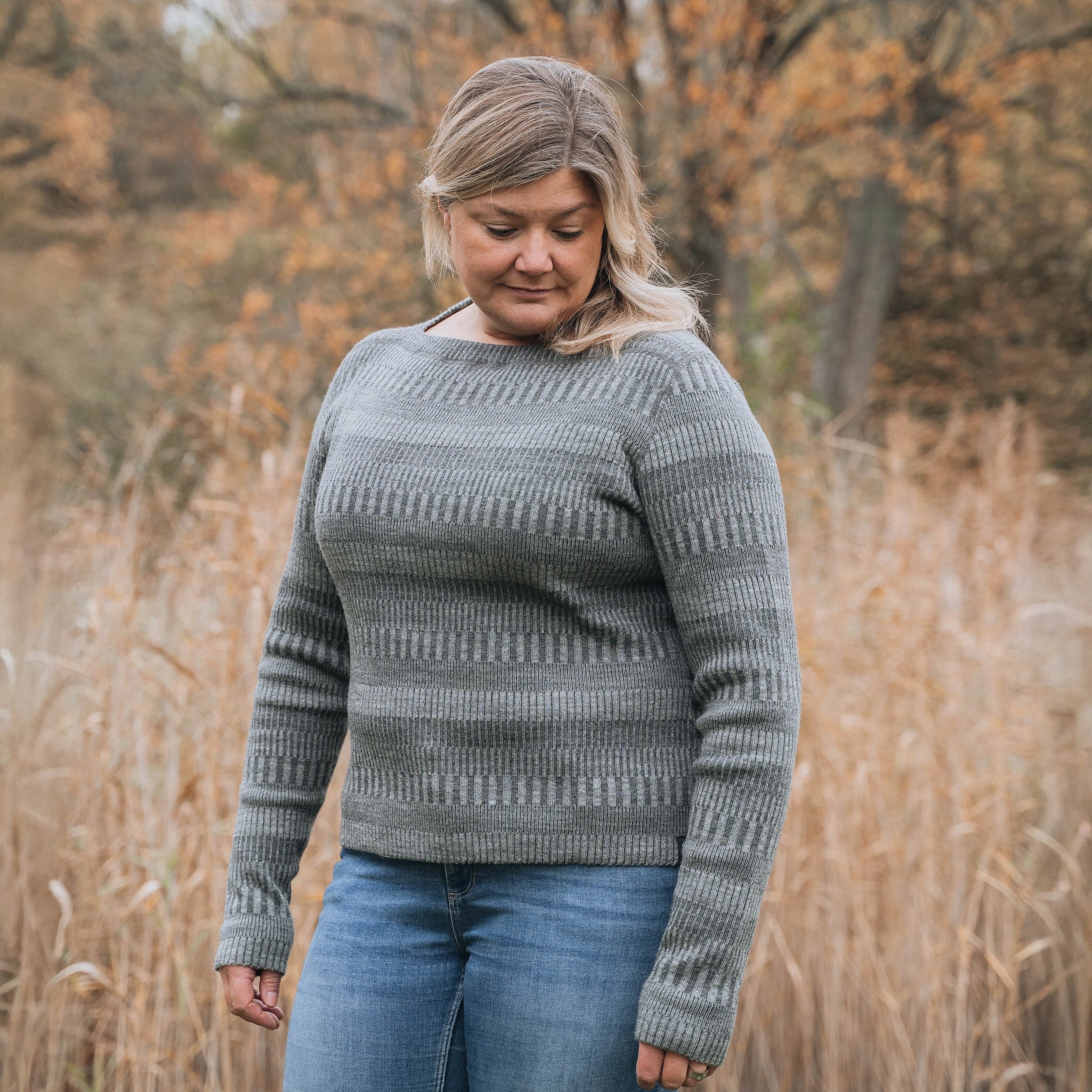 Tröja båthals figursydd 100% ull, dam, askgrå-stengrå