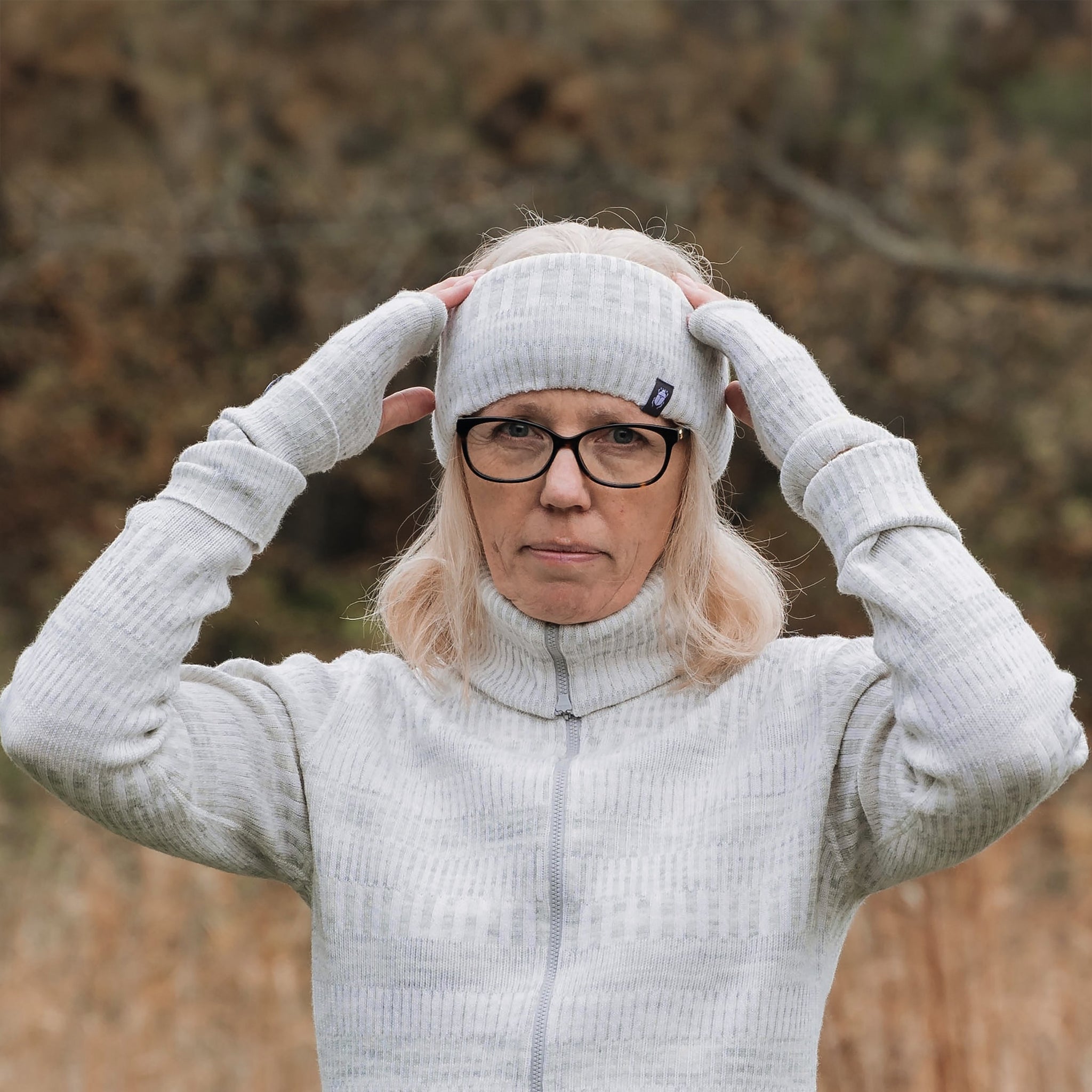 Halstub buff tubhalsduk pannband mössa balaklava, 100% ull, unisex, snövit-sandgrå