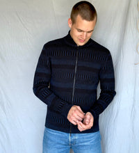 Kofta rak med halvhög krage 100% ull, herr/dam midnattsblå-kolsvart