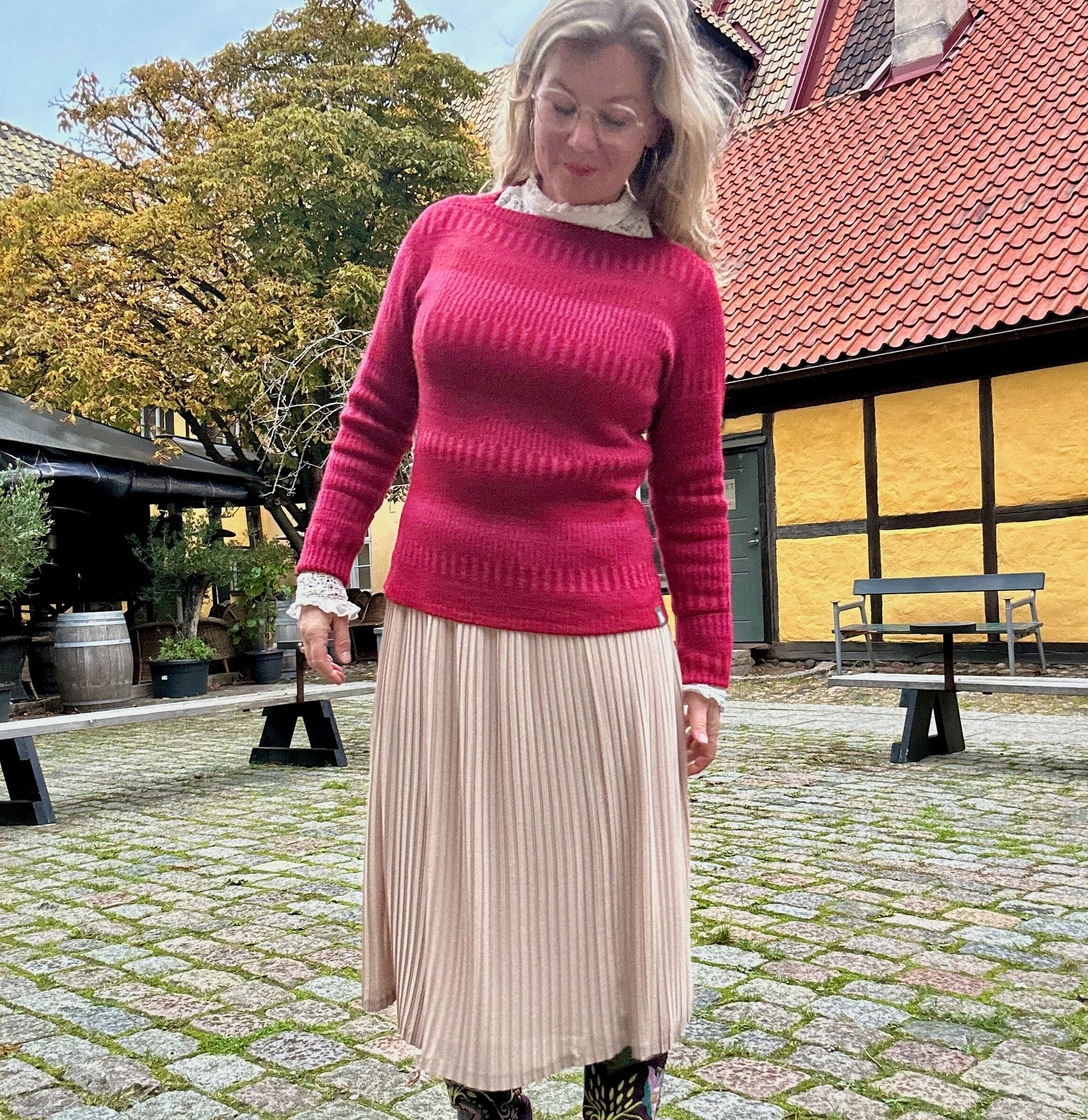 Ulltröja båthals organic wool sweater boatneck redpink