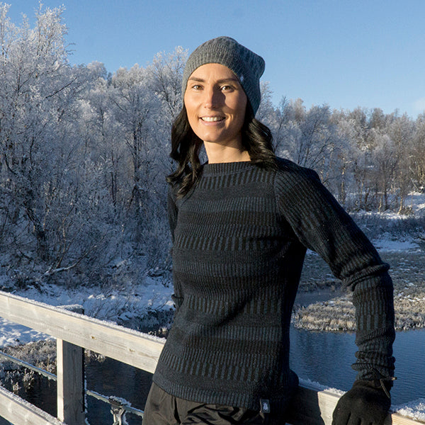 Tröja båthals 100% ull, midnattsblå-kolsvart, dam